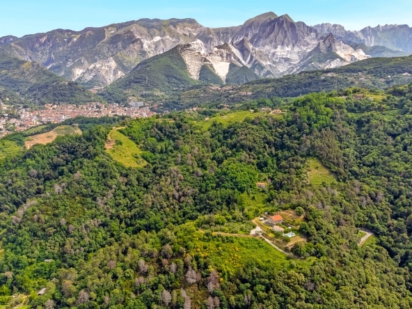 Panoramic view of the Carrara marble quarries from the villa