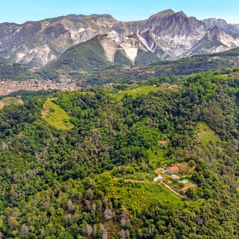 Panoramic view of the Carrara marble quarries from the villa